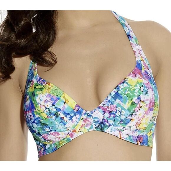 Freya 30G Swimwear Paradise Island 3262 Padded Halter Bikini Top Fondant floral - Picture 1 of 7